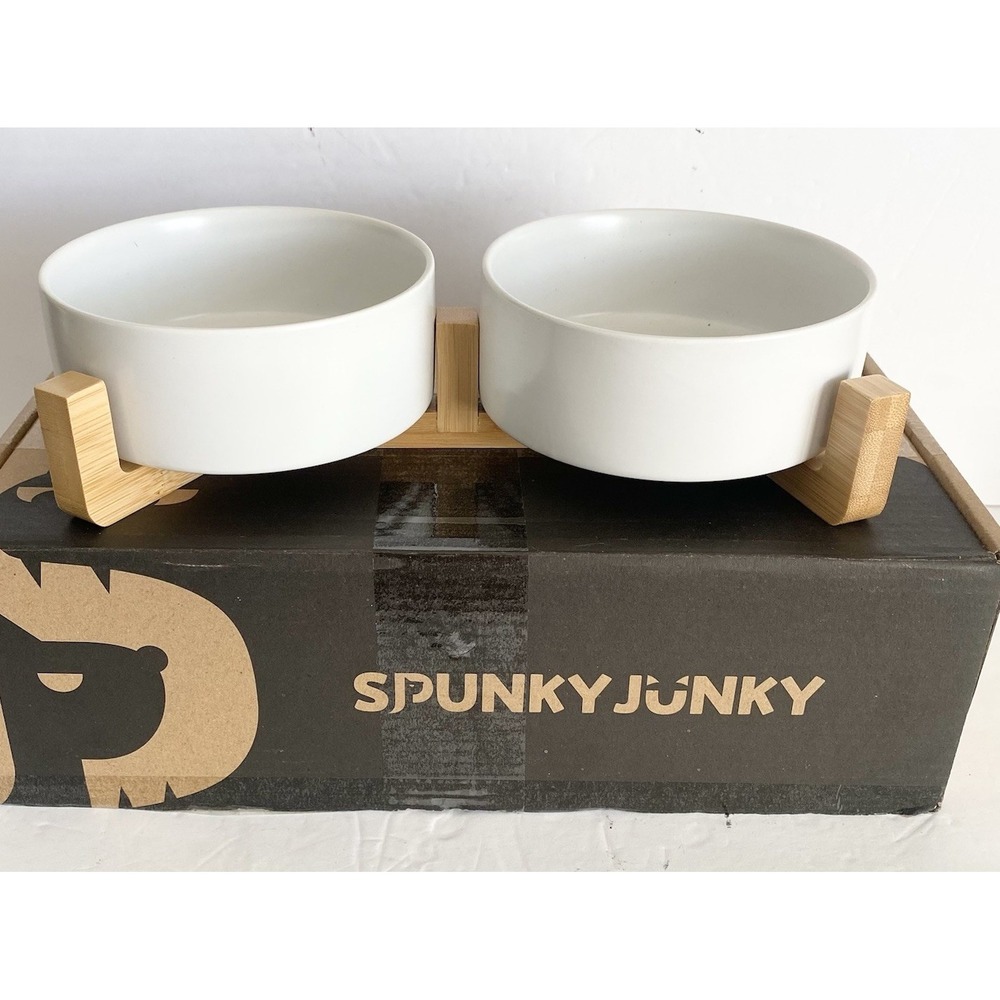 SPUNKYJUNKY White Ceramic Dog Cat Bowl with Wood Stand Small Dogs 13.5oz New‎